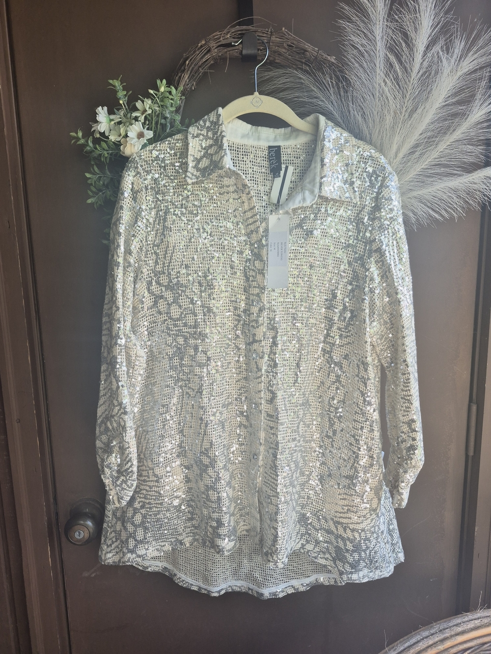Berek Brand , NWT Sequin Button-Front Shirt - Silver